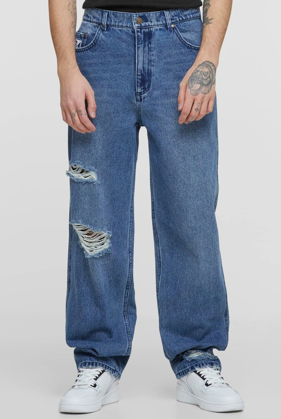 Karl Kani Small Signature Baggy Five Pocket Heavy Distressed Denim